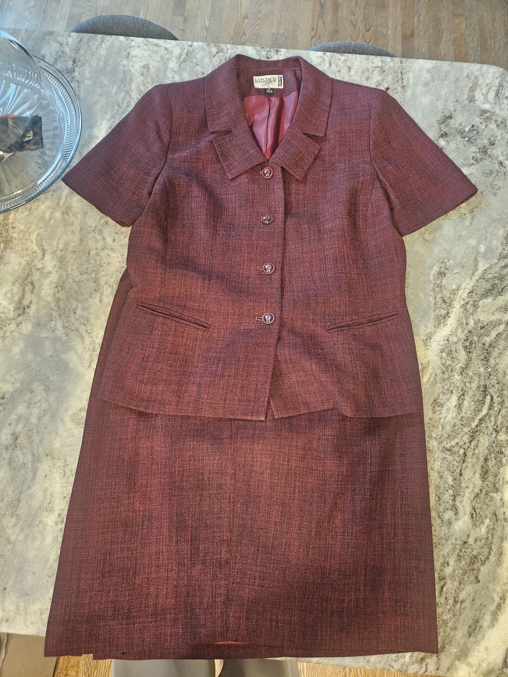 Vintage Kasper Deep Burgundy Two-Piece Short Sleeve Skirt Set